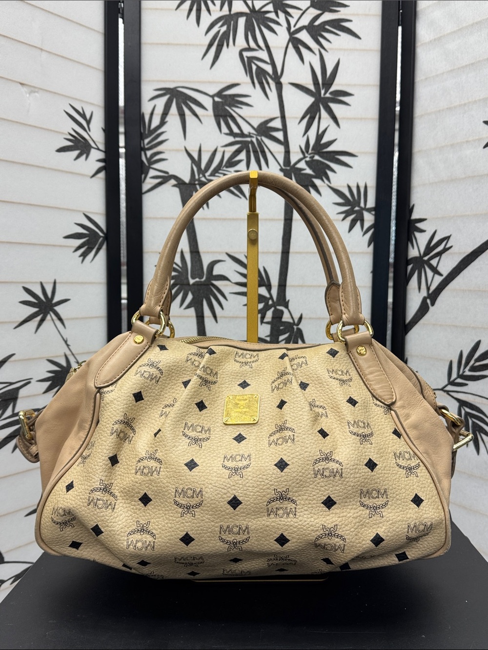 MCM Beige Visetos Logo Satchel with Gold Hardware